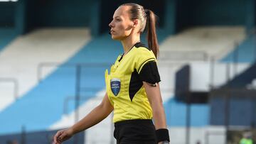 AVELLANEDA, ARGENTINA - SEPTEMBER 17: First female assistant referee in a Copa Libertadores official match Mariana de Almeida looks on during a group F match of Copa CONMEBOL Libertadores 2020 between Racing and Nacional at Juan Domingo Peron Stadium on September 17, 2020 in Avellaneda, Argentina. All games of the tournament are played behind closed doors to avoid spread of COVID-19. (Photo by Marcelo Endelli/Getty Images)