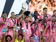 Dec 6, 2025; Fort Lauderdale, Florida, USA; Inter Miami forward Lionel Messi (10) lifts the Philip F. Anschutz trophy after winning the 2025 MLS Cup against the Vancouver Whitecaps FC at Chase Stadium. Mandatory Credit: Nathan Ray Seebeck-Imagn Images TPX IMAGES OF THE DAY