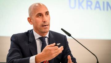 President of the Spanish Football Federation Luis Rubiales speaks during a press conference to announce Spain, Portugal and Ukraines bid for the 2030 World Cup at the UEFA headquarters in Nyon on October 5, 2022. (Photo by GABRIEL MONNET / AFP) (Photo by GABRIEL MONNET/AFP via Getty Images)