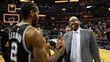 MEMPHIS, TN - APRIL 27: Head coach David Fizdale of the Memphis Grizzlies congratulates Kawhi Leonard #2 of the San Antonio Spurs after a 103-96 Spurs victory in Game 6 of the Western Conference Quarterfinals during the 2017 NBA Playoffs at FedExForum on April 27, 2017 in Memphis, Tennessee. NOTE TO USER: User expressly acknowledges and agrees that, by downloading and or using this photograph, User is consenting to the terms and conditions of the Getty Images License Agreement. Frederick Breedon/Getty Images/AFP
== FOR NEWSPAPERS, INTERNET, TELCOS & TELEVISION USE ONLY ==