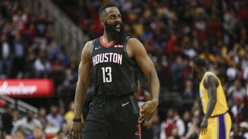Dec 13, 2018; Houston, TX, USA; Houston Rockets guard James Harden (13) reacts after making a basket during the fourth quarter against the Los Angeles Lakers at Toyota Center. Mandatory Credit: Troy Taormina-USA TODAY Sports