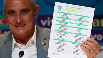 RIO DE JANEIRO, BRAZIL - NOVEMBER 07: Tite coach of Brazil shows the list with the players during a press conference to announce the squad for FIFA Qatar 2022 World Cup on November 07, 2022 in Rio de Janeiro, Brazil. (Photo by Buda Mendes/Getty Images)