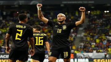 Soccer Football - International Friendly - Brazil v Guinea - Stage Front Stadium, Cornella de Llobregat, Spain - June 17, 2023   Brazil's Joelinton celebrates scoring their first goal with Danilo REUTERS/Albert Gea