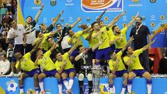 Los jugadores brasile&ntilde;os celebran el t&iacute;tulo de campeones de Am&eacute;rica