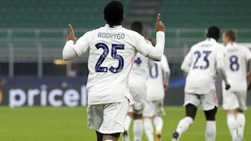 Rodrygo Goes celebrates scoring against Inter Milan in Wednesday&#039;s Champions League Group B match.