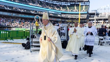 Cardinal Blase J. Cupich, Archbishop of Chicago, departs a public celebration hosted by the Chicago White Sox and the Archdiocese of Chicago for the election of Pope Leo XIV, featuring a mass at Rate Field in Chicago,Illinois, U.S., June 14, 2025. REUTERS/Carlos Osorio