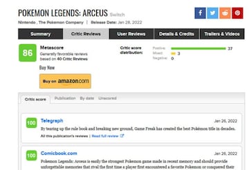 Leyendas Pok&eacute;mon Arceus en Metacritic.