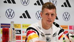 Germany's midfielder #08 Toni Kroos gives a press conference at the team's base camp in Herzogenaurach, on July 3, 2024, during the UEFA Euro 2024 football championship. (Photo by Tobias SCHWARZ / AFP)