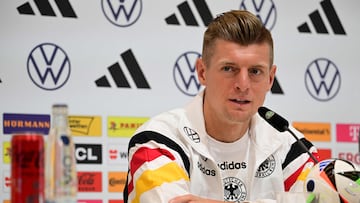 Germany's midfielder #08 Toni Kroos gives a press conference at the team's base camp in Herzogenaurach, on July 3, 2024, during the UEFA Euro 2024 football championship. (Photo by Tobias SCHWARZ / AFP)