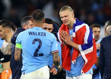 Demolition duo | Manchester City's Kyle Walker celebrates with Erling Braut Haaland after the match.