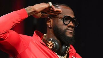 US boxer Deontay Wilder attends a press conference with British boxer Tyson Fury (out of frame) for their WBC heavyweight championship fight, October 6, 2021 at the MGM Grand Garden Arena in Las Vegas, Nevada ahead of their October 9, 2021 fight. 