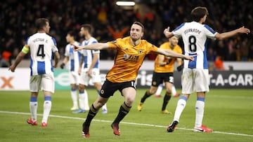 20 February 2020, England, Wolverhampton: Wolverhampton Wanderers&#039; Diogo Jota celebrates scoring his side&#039;s first goal of the game during the UEFA Europa League round of 32 first leg soccer match between Wolverhampton Wanderers and Espanyol at t