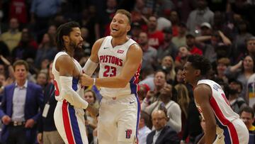 Dec 9, 2019; New Orleans, LA, USA; Detroit Pistons guard Derrick Rose (25) celebrates with teammates forward Blake Griffin (23) and guard Langston Galloway (9) after hitting a game winning shot during the fourth quarter against the New Orleans Pelicans at the Smoothie King Center. Mandatory Credit: Derick E. Hingle-USA TODAY Sports