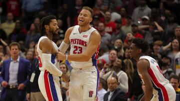 Dec 9, 2019; New Orleans, LA, USA; Detroit Pistons guard Derrick Rose (25) celebrates with teammates forward Blake Griffin (23) and guard Langston Galloway (9) after hitting a game winning shot during the fourth quarter against the New Orleans Pelicans at the Smoothie King Center. Mandatory Credit: Derick E. Hingle-USA TODAY Sports