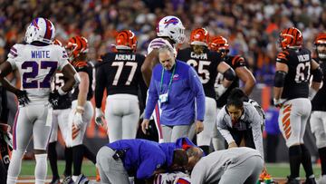 CINCINNATI, OHIO - JANUARY 02: Taron Johnson #7 of the Buffalo Bills is treated after being injured against the Cincinnati Bengals during the first quarter at Paycor Stadium on January 02, 2023 in Cincinnati, Ohio.   Kirk Irwin/Getty Images/AFP (Photo by Kirk Irwin / GETTY IMAGES NORTH AMERICA / Getty Images via AFP)