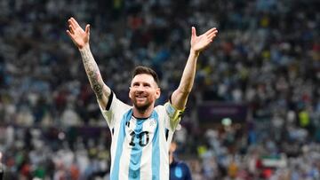 Lionel Messi right winger of Argentina and Paris Saint-Germain celebrates victory afte the FIFA World Cup Qatar 2022 quarter final match between Netherlands and Argentina at Lusail Stadium on December 9, 2022 in Lusail City, Qatar. (Photo by Jose Breton/Pics Action/NurPhoto via Getty Images)