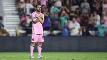 Aug 2, 2023; Fort Lauderdale, FL, USA; Inter Miami CF forward Lionel Messi (10) celebrates after scoring a goal against Orlando City SC during the second half at DRV PNK Stadium. Mandatory Credit: Nathan Ray Seebeck-USA TODAY Sports