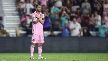 Aug 2, 2023; Fort Lauderdale, FL, USA;  Inter Miami CF forward Lionel Messi (10) celebrates after scoring a goal against Orlando City SC during the second half at DRV PNK Stadium. Mandatory Credit: Nathan Ray Seebeck-USA TODAY Sports