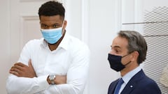 NBA star and current MVP, Giannis Antetokounmpo of the Milwaukee Bucks and Greek Prime Minister Kyriakos Mitsotakis attend a citizenship ceremony for Antetokounmpo&#039;s mother Veronica and brother Alex at the official residence of the prime minister.
