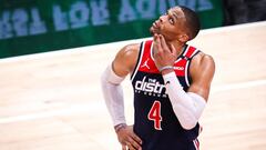ATLANTA, GA - MAY 10: Russell Westbrook #4 of the Washington Wizards looks up during a game between the Washington Wizards and the Atlanta Hawks at State Farm Arena on May 10, 2021 in Atlanta, Georgia. NOTE TO USER: User expressly acknowledges and agrees that, by downloading and or using this photograph, User is consenting to the terms and conditions of the Getty Images License Agreement.   Casey Sykes/Getty Images/AFP
 == FOR NEWSPAPERS, INTERNET, TELCOS &amp; TELEVISION USE ONLY ==