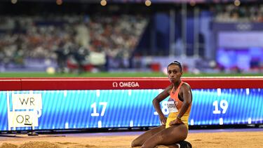 Paris 2024 Olympics - Athletics - Women's Triple Jump Final - Stade de France, Saint-Denis, France - August 03, 2024. Ana Peleteiro-Compaore of Spain reacts after jumping. REUTERS/Dylan Martinez