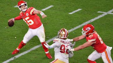 Quarterback for the Kansas City Chiefs Patrick Mahomes passes the ball during Super Bowl LIV between the Kansas City Chiefs and the San Francisco 49ers at Hard Rock Stadium in Miami Gardens, Florida, on February 2, 2020. (Photo by Angela Weiss / AFP)