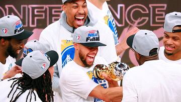 May 26, 2022; San Francisco, California, USA; Golden State Warriors guard Stephen Curry (30) reacts after being named the Magic Johnson western conference MVP after winning game five of the 2022 western conference finals against the Dallas Mavericks at Chase Center. Mandatory Credit: Kelley L Cox-USA TODAY Sports     TPX IMAGES OF THE DAY