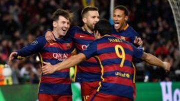Messi, Neymar, Luis Suárez y Jordi Alba celebran el segundo tanto del argentino contra el Roma.