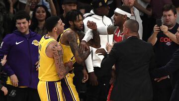 LOS ANGELES, CA - OCTOBER 20: Brandon Ingram #14 of the Los Angeles Lakers is held back by Lonzo Ball #2 as he has words with Carmelo Anthony #7 of the Houston Rockets during the second half of a basketball game at Staples Center on October 20, 2018 in Los Angeles, California. NOTE TO USER: User expressly acknowledges and agrees that, by downloading and or using this photograph, User is consenting to the terms and conditions of the Getty Images License Agreement.   Kevork Djansezian/Getty Images/AFP
 == FOR NEWSPAPERS, INTERNET, TELCOS &amp; TELEVISION USE ONLY ==