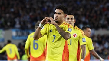 TOPSHOT - Colombia's forward #07 Luis Diaz celebrates after scoring his team's first goal during the 2026 FIFA World Cup South American qualifiers football match between Argentina and Colombia at the Mas Monumental stadium in Buenos Aires, on June 10, 2025. (Photo by Alejandro PAGNI / AFP) (Photo by ALEJANDRO PAGNI/AFP via Getty Images)