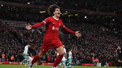 Liverpool's English striker #76 Jayden Danns celebrates after scoring their third goal during the English FA Cup fifth round football match between Liverpool and Southampton at Anfield stadium, in Liverpool, north west England, on February 28, 2024. (Photo by Paul ELLIS / AFP) / RESTRICTED TO EDITORIAL USE. No use with unauthorized audio, video, data, fixture lists, club/league logos or 'live' services. Online in-match use limited to 120 images. An additional 40 images may be used in extra time. No video emulation. Social media in-match use limited to 120 images. An additional 40 images may be used in extra time. No use in betting publications, games or single club/league/player publications. / 