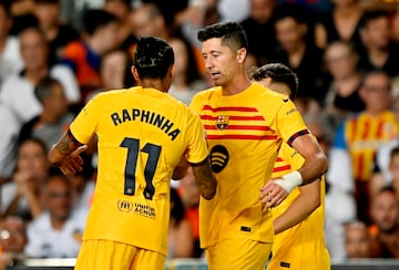 Soccer Football - LaLiga - Valencia v FC Barcelona - Estadio de Mestalla, Valencia, Spain - August 17, 2024 FC Barcelona's Robert Lewandowski celebrates scoring their second goal with FC Barcelona's Raphinha REUTERS/Pablo Morano