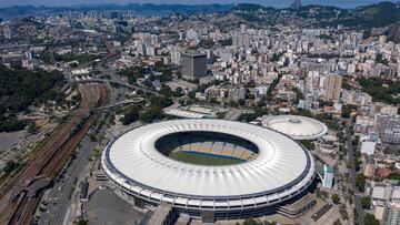 (FILES) In this file photo taken on April 02, 2020, aerial view of  Maracana stadium and Maracanazinho gym in Rio de Janeiro, Brazil. - The Carioca championship, the tournament in the Rio de Janeiro region, resumes on June 18 with the Flamengo-Bangu match