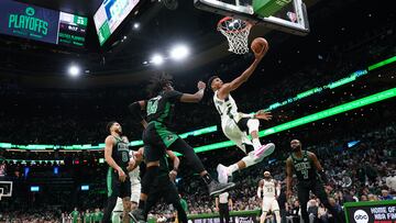 May 1, 2022; Boston, Massachusetts, USA; Milwaukee Bucks forward Giannis Antetokounmpo (34) drives to the basket against the Boston Celtics in the second half during game one of the second round for the 2022 NBA playoffs at TD Garden. Mandatory Credit: David Butler II-USA TODAY Sports