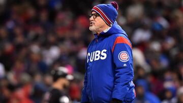Chicago Cubs manager Joe Maddon makes a pitching change against the Cleveland Indians in the 6th inning in game two of the 2016 World Series at Progressive Field. 