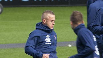 El centrocampista eslovaco Stanislav Lobotka, durante un entrenamiento del Celta en Balaídos.
