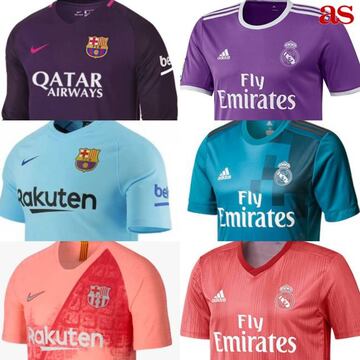 Evoluci&oacute;n de las camisetas suplentes de Barcelona y Real Madrid desde la temporada 2016-2017.