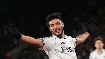 Soccer Football - Premier League - West Ham United v Fulham - London Stadium, London, Britain - December 27, 2025 Fulham's Raul Jimenez celebrates scoring their first goal REUTERS/Tony O Brien EDITORIAL USE ONLY. NO USE WITH UNAUTHORIZED AUDIO, VIDEO, DATA, FIXTURE LISTS, CLUB/LEAGUE LOGOS OR 'LIVE' SERVICES. ONLINE IN-MATCH USE LIMITED TO 120 IMAGES, NO VIDEO EMULATION. NO USE IN BETTING, GAMES OR SINGLE CLUB/LEAGUE/PLAYER PUBLICATIONS. PLEASE CONTACT YOUR ACCOUNT REPRESENTATIVE FOR FURTHER DETAILS..