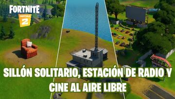 Fortnite Cap&iacute;tulo 2 - Temporada 1 | Desaf&iacute;o de Cameo vs. Chic: visita un sill&oacute;n reclinable solitario, una estaci&oacute;n de radio y un cine al aire libre