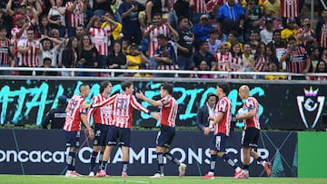 Mateo Chavez and Cade Cowell celebrates Autogoal 1-0 of Sebastian Caceres of America during the round of 16 first leg match between Guadalajara and America as part of the CONCACAF Champions Cup 2025, at Akron Stadium on March 05, 2025 in Guadalajara, Jalisco, Mexico.