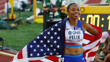 Athletics - World Athletics Championships - Mixed 4x400 Metres Relay - Final - Hayward Field, Eugene, Oregon, U.S. - July 15, 2022 United States of America's Allyson Felix reacts after winning bronze REUTERS/Brian Snyder
