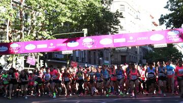 GRA024. MADRID, 07/05/2017.- 33.000 corredoras han participado hoy por las calles de Madrid en la XIV Carrera de la Mujer, el evento femenino de mayor participaci&oacute;n en Europa. Con un recorrido de 6,3 kil&oacute;metros, las corredoras de la marea rosa portaban id&eacute;ntico dorsal, el 016, para difundir el n&uacute;mero de atenci&oacute;n a las v&iacute;ctimas de la violencia de g&eacute;nero. EFE/Zipi
