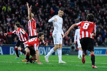 Cristiano Ronaldo was sent off during a match against Athletic Club for an alleged assault, as the Bilbao players had a go at him.