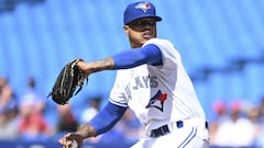 Toronto Blue Jays&#039; Marcus Stroman pitches during first inning of a Major League baseball game against the Kansas City Royals, in Toronto, Saturday, June 29, 2019. (Jon Blacker/The Canadian Press via AP)