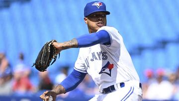 Toronto Blue Jays&#039; Marcus Stroman pitches during first inning of a Major League baseball game against the Kansas City Royals, in Toronto, Saturday, June 29, 2019. (Jon Blacker/The Canadian Press via AP)