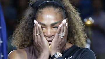 Serena Williams and Naomi Osaka of Japan show emotion and tears during the trophy ceremony at the US Open Women&#039;s Final in Arthur Ashe Stadium at the 2018 US Open Tennis Championships at the USTA Billie Jean King National Tennis Center in New York Ci