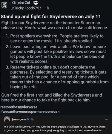 Fans del snyderverse amenazan con boicotear ‘Superman’ y a James Gunn no le precupa: “Creo que sobreviviremos”