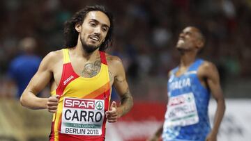 BER01. BERL&Iacute;N (ALEMANIA), 09/08/2018.- Fernando Carro de Espa&ntilde;a reacciona tras quedar en segundo puesto en la final masculina de 3,000m obst&aacute;culos hoy, jueves 9 de agosto de 2018, en el Campeonato Europeo de atletismo 2018, en Berl&iacute;n (Alemania). EFE/Christian Bruna