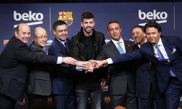 Josep Maria Bartomeu, Gerard Pique and the president of Beko, Ali Y. Koc, during the presentation of the sponsorship agreement with the company Beko, on 15th February 2018, in Barcelona, Spain.