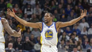 Mar 29, 2019; Minneapolis, MN, USA; Golden State Warriors forward Kevin Durant (35) reacts to a call in the first half against the Golden State Warriors at Target Center. Mandatory Credit: Jesse Johnson-USA TODAY Sports